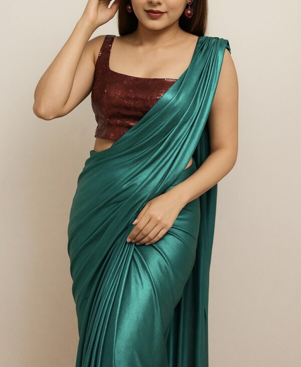 Rama Coloured Lycra Blend Saree With Blouse