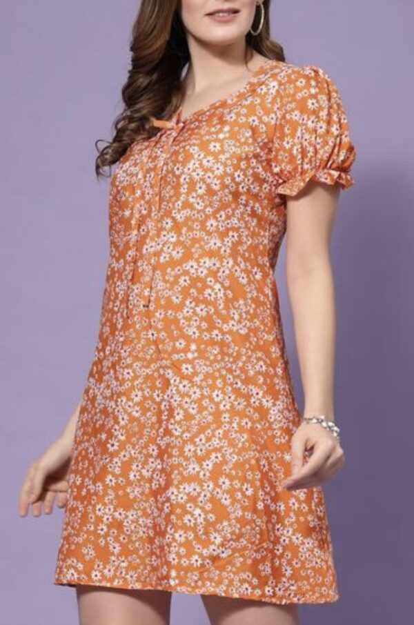 Summer's Floral Round Neck Orange Dresses - Image 2