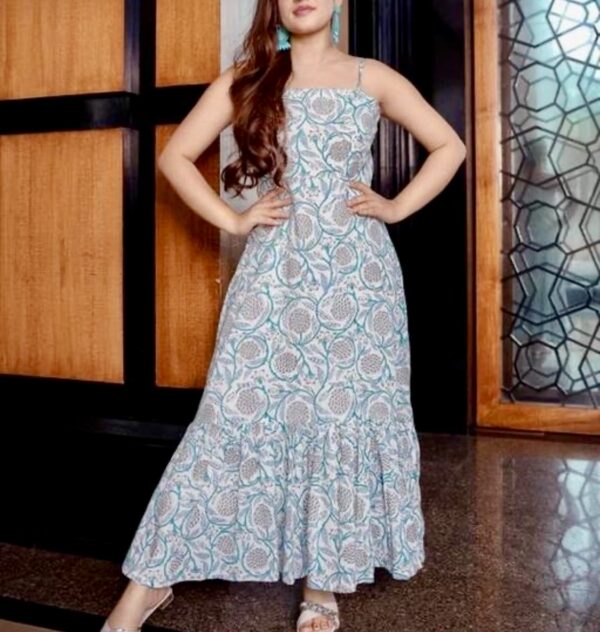 Rayon Printed Stylish Blue white Dress For Women/Girls - Image 4