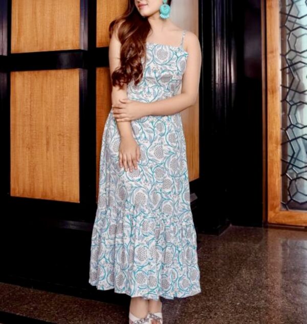 Rayon Printed Stylish Blue white Dress For Women/Girls - Image 3